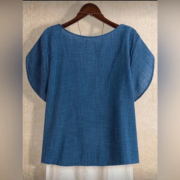 SHEIN Blue Short-Sleeve Asymmetrical Collar Blouse - Picture 2 of 8